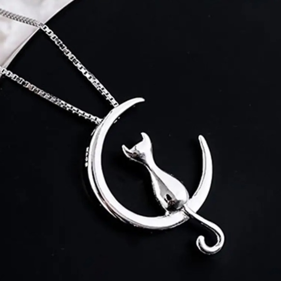 Sterling Silver Cat Moon Necklace - Picture 1 of 2